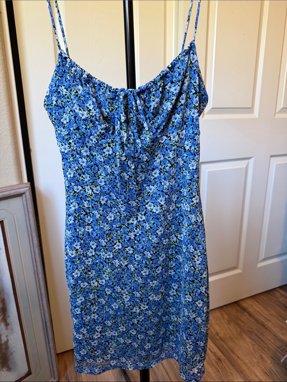 Blue Floral Midi Slip Dress with Spaghetti Straps